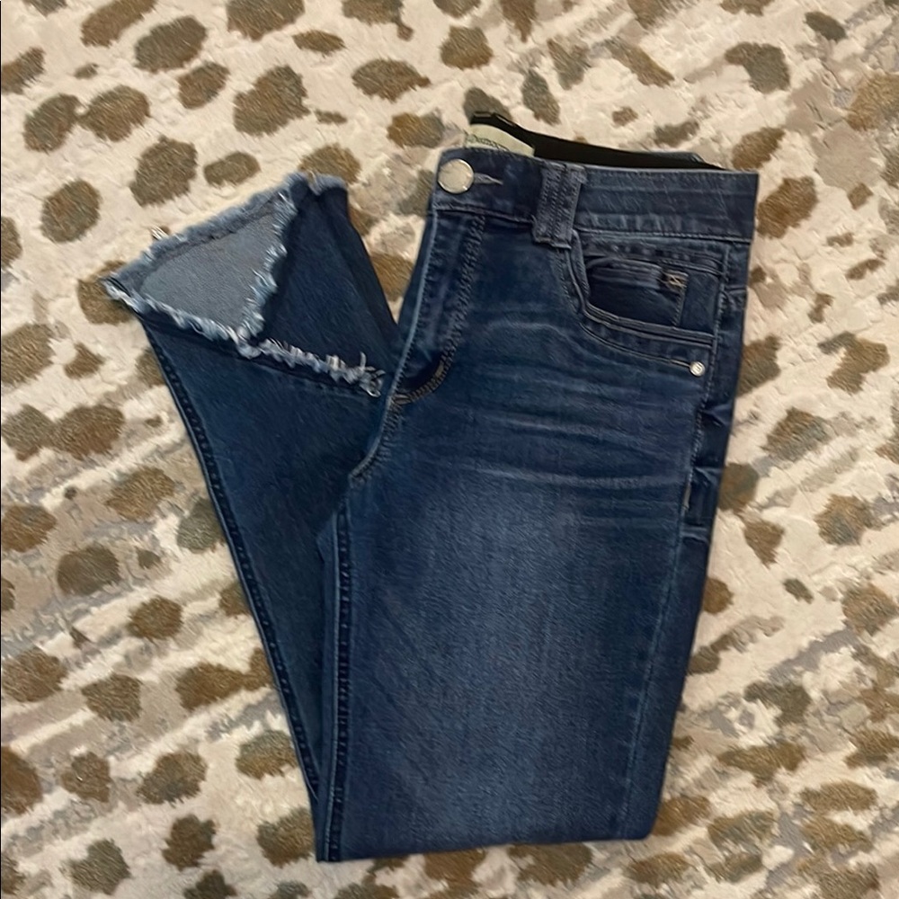 Democracy Ab Technology Dark Blue Distressed Women's Cropped Jeans Fray Hem Sz 6